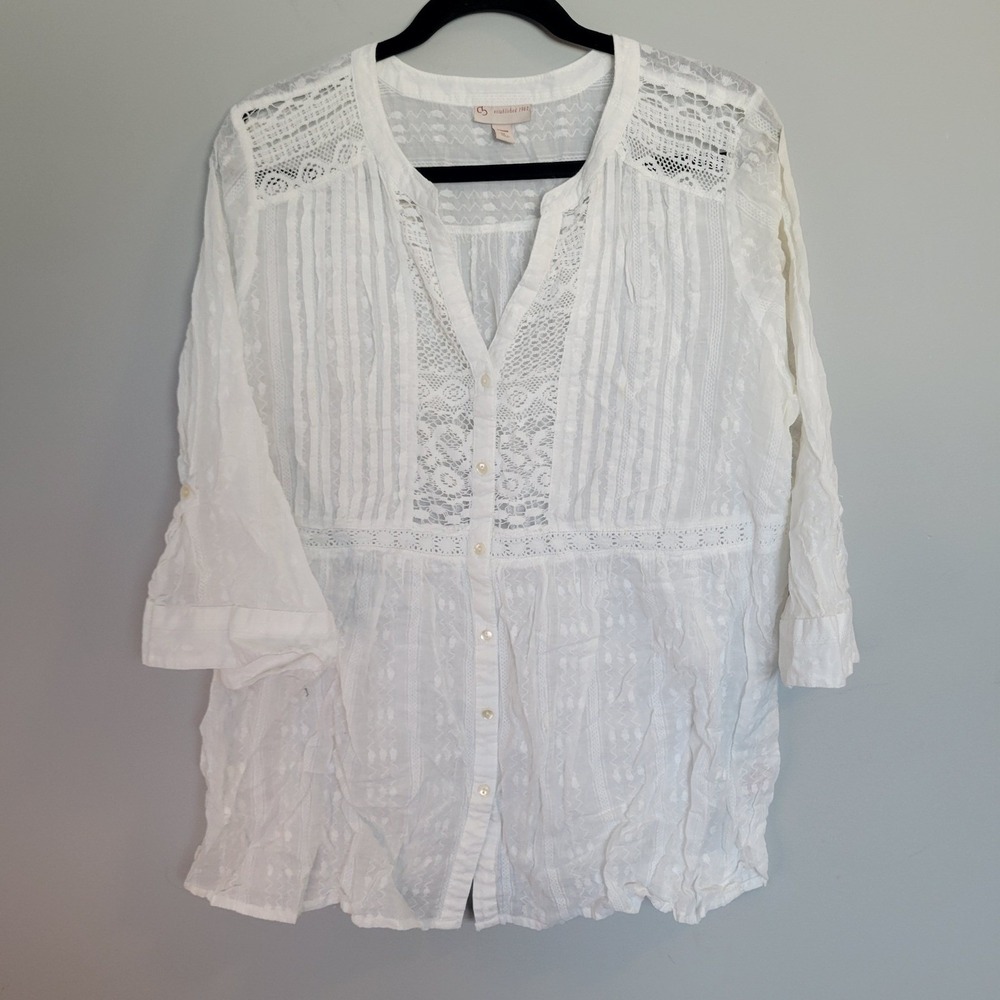 C&B White Lace Cotton Tunic Blouse Womens 1X Boho Roll Tab Sleeve